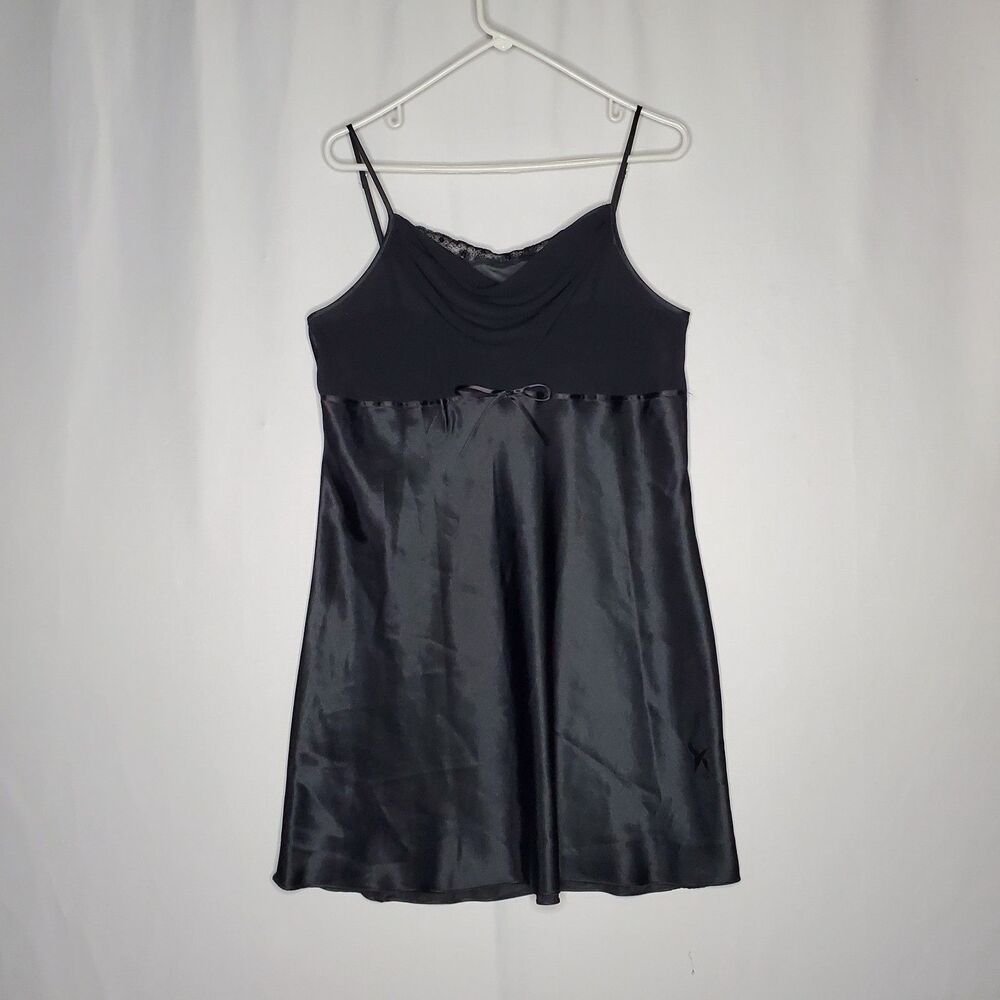 Delicates Satin Nightgown Nightie Large Black Lace Sequin Witchy Coquette Y2K